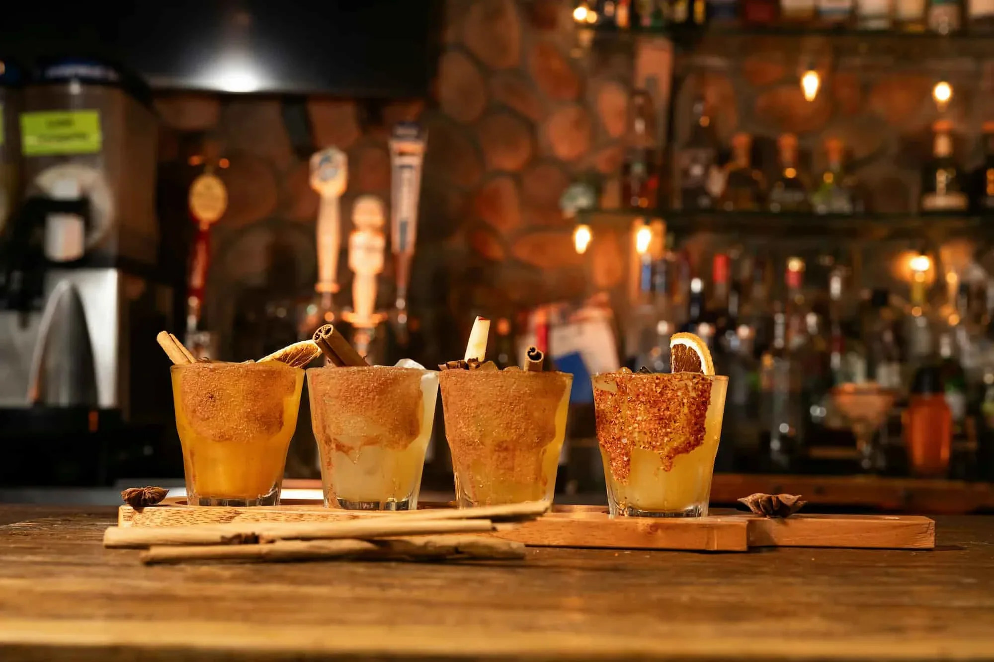 Cinnamon-rimmed spiced cocktail flight at the Mexico De Noche bar