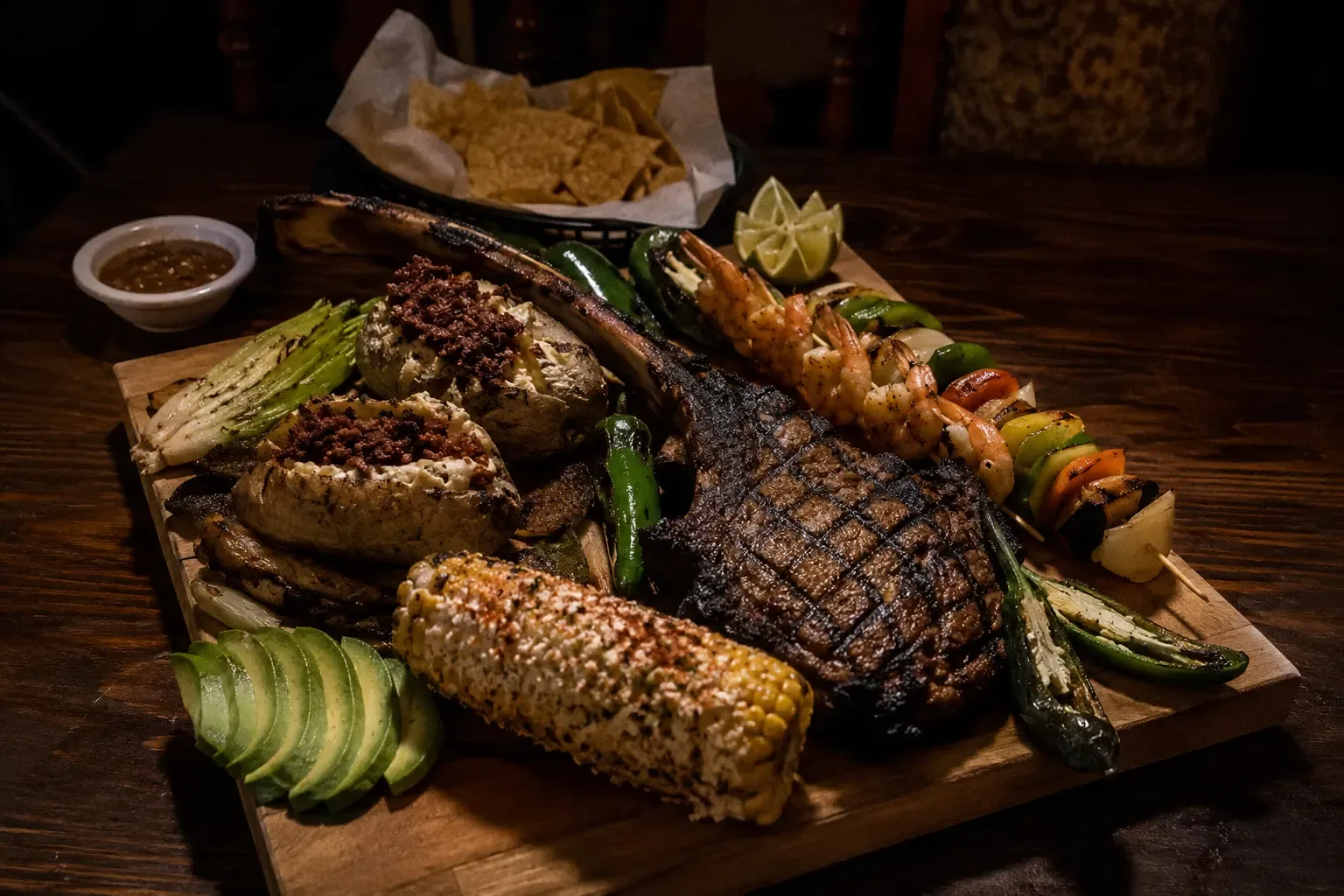 Grilled tomahawk steak platter with shrimp skewers, elote, and avocado at Mexico De Noche