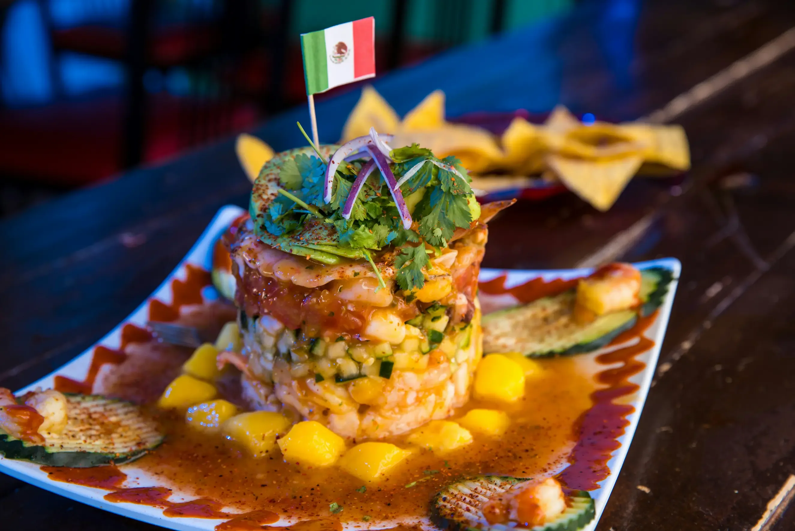 Shrimp and mango ceviche tower plated at Mexico De Noche